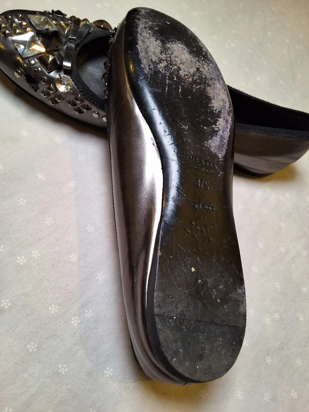 Prada Black Embellished Leather Ballet Flats with Crystal Accents